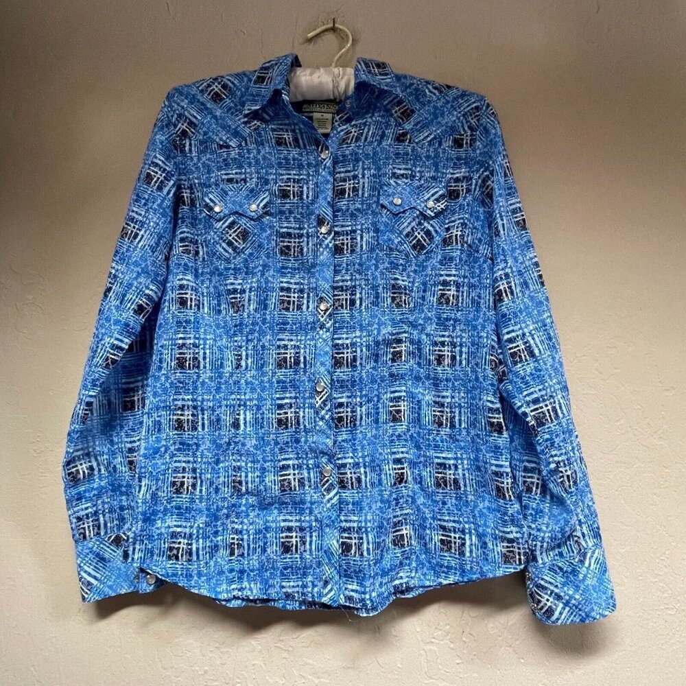 Shyanne Genuine Clothing Womens Pearl Snap Western Shirt Top Medium Blue Pockets